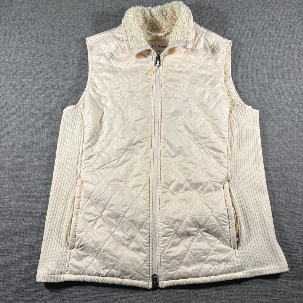 LL Bean Quilted Vest Women Large Cream Sherpa Collar Ribbed Sides 291762